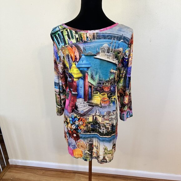 Karen Kane Womens Tunic Top Parisian Print Medium Crew Slinky Pink 3/4 Sleeve - Picture 2 of 6